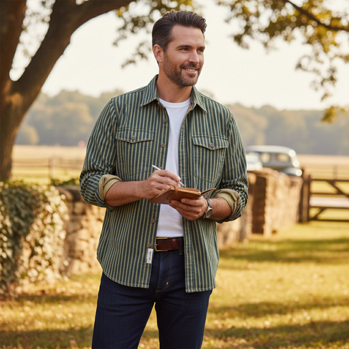 Wade | Men's Vintage Striped Button Up Shirt Green Cream