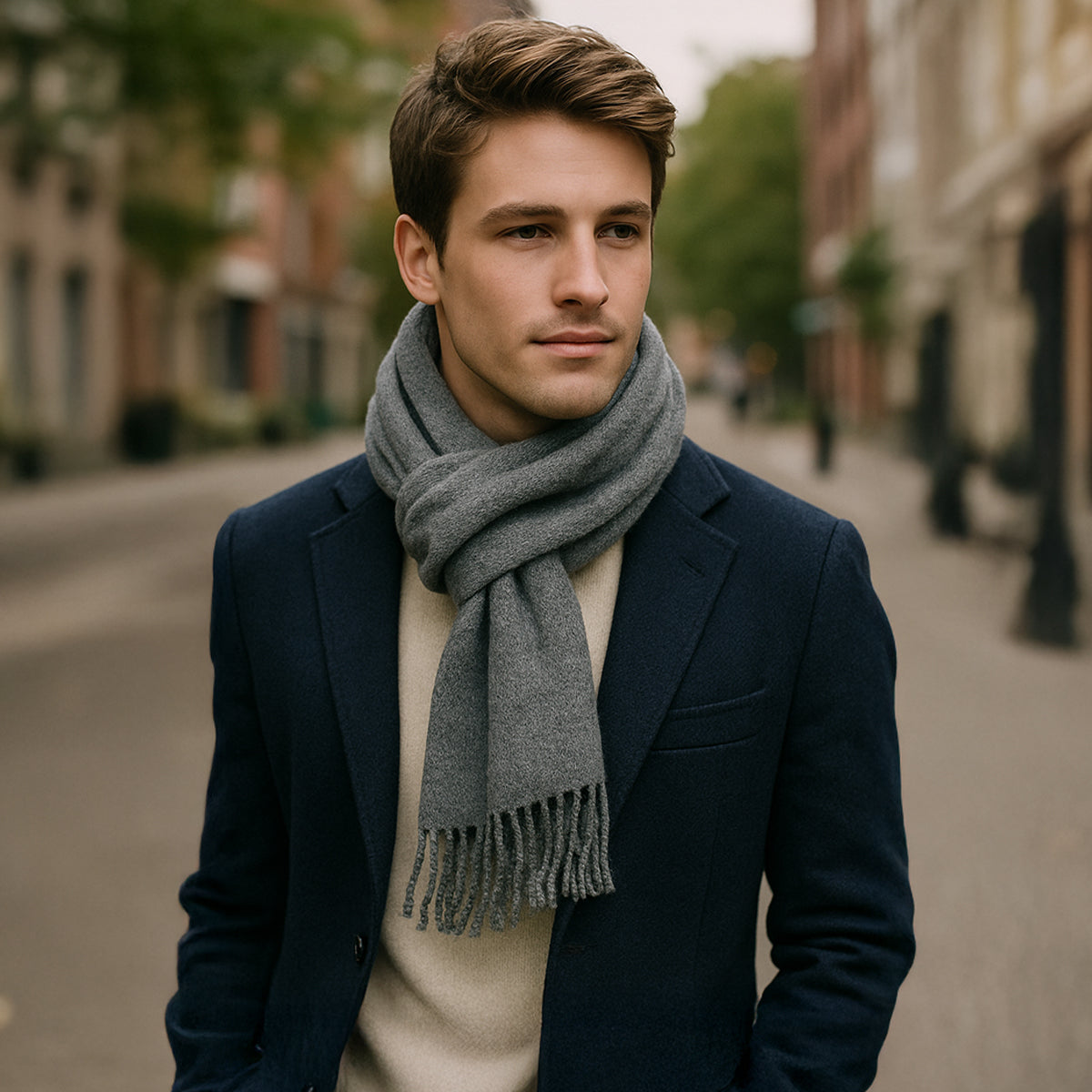 Axel | Men's Cashmere Merino Scarf Gray Fringe