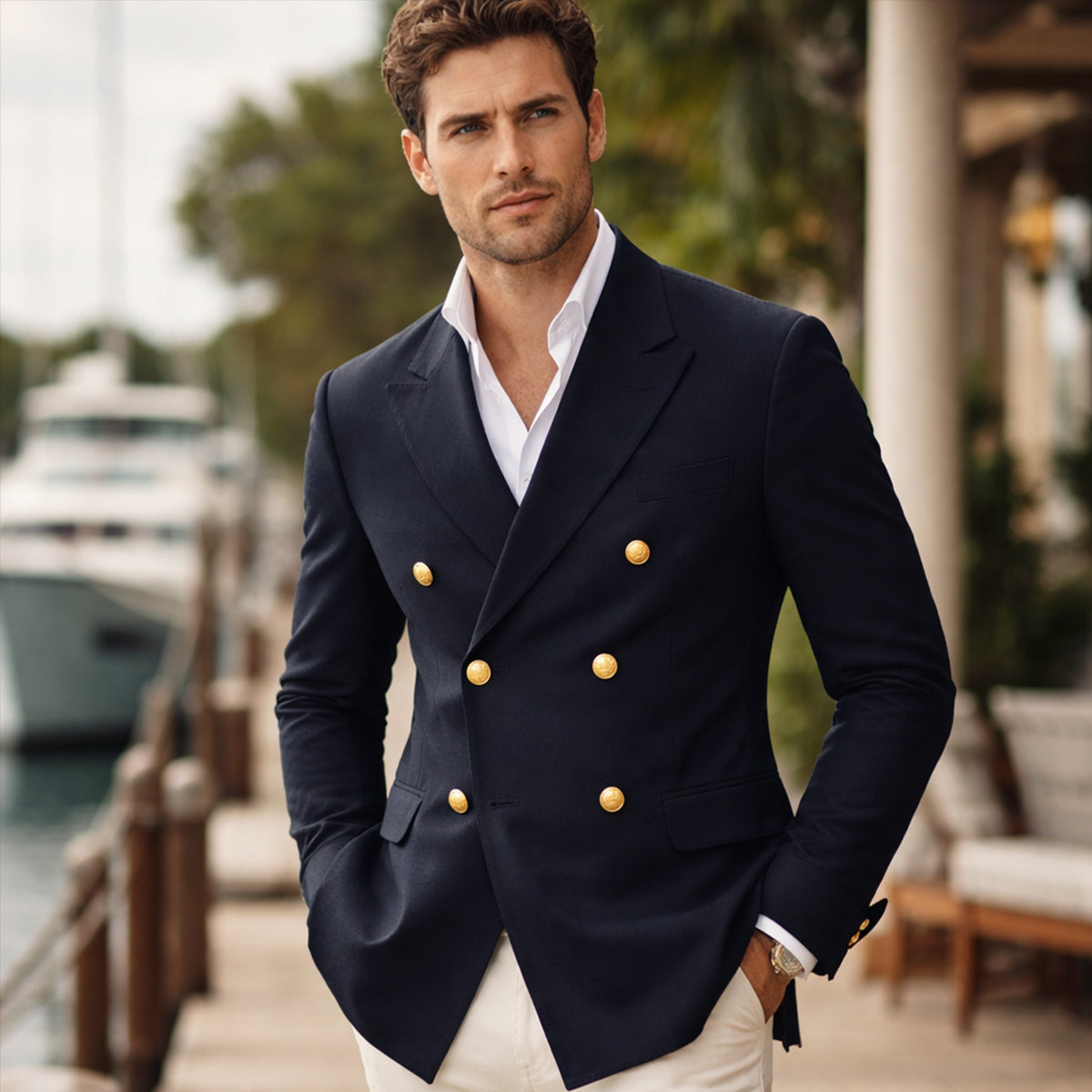 Beau | Men's Double Breasted Blazer Navy Gold Button