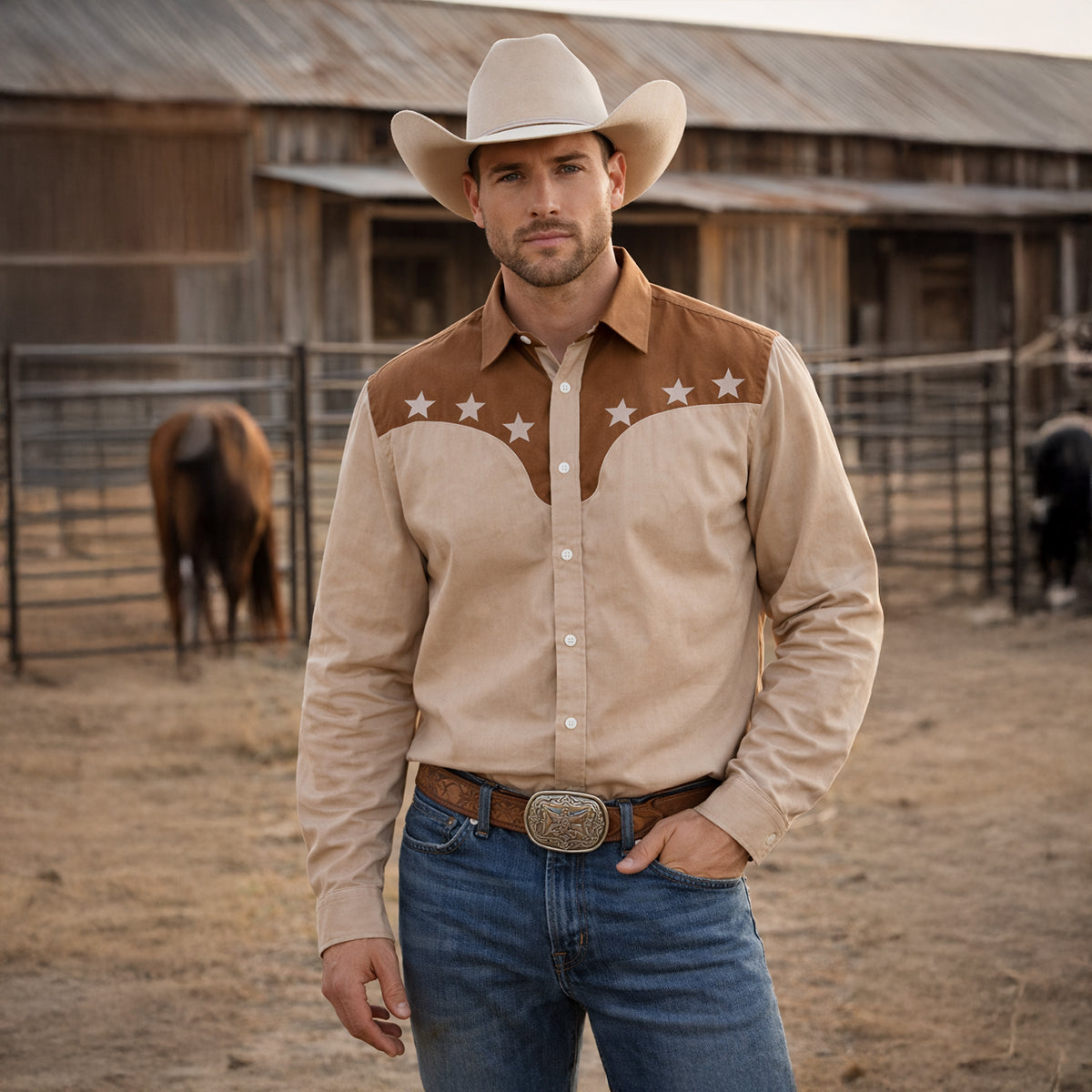 Axel | Men's Western Star Embroidered Button Up Shirt Cream Brown