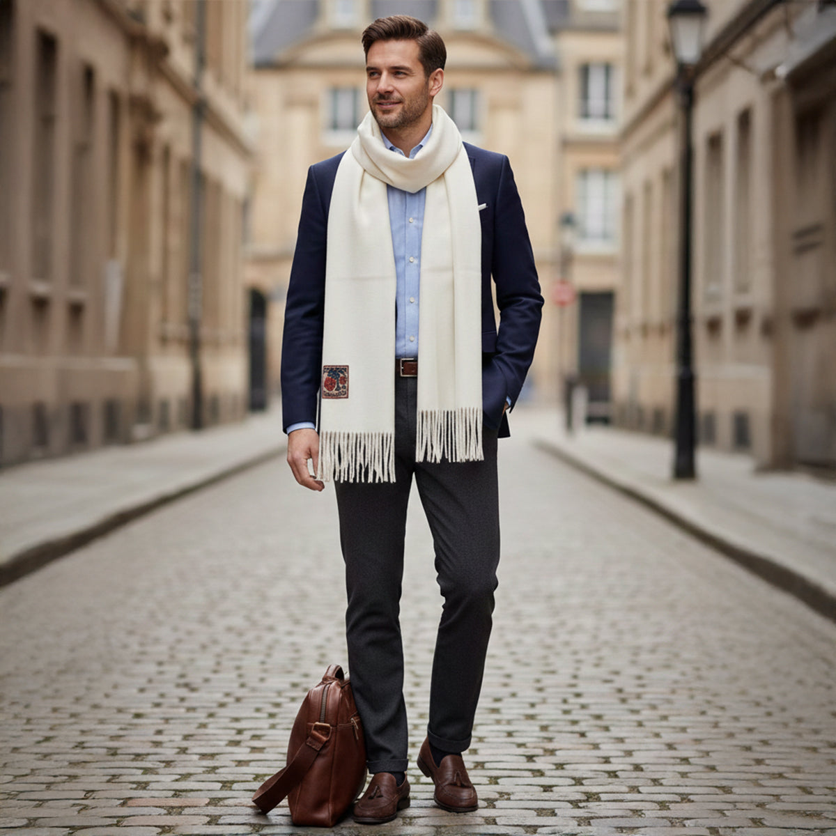 Voss | Men's Cashmere Merino Scarf Cream Fringed