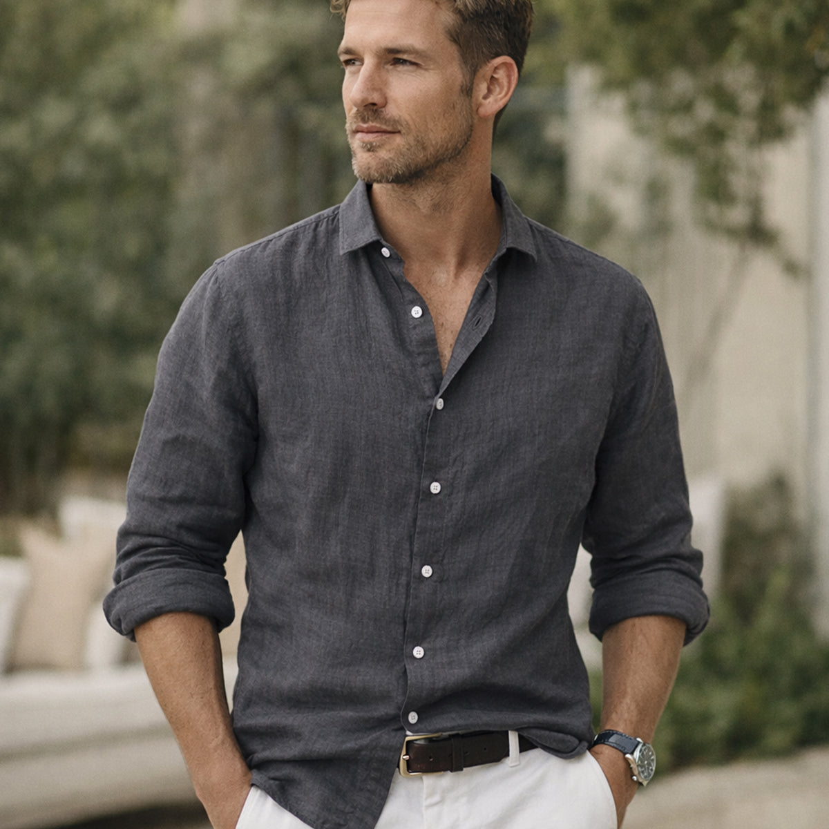 Omar | Men's Linen Shirt Charcoal Gray Button Up