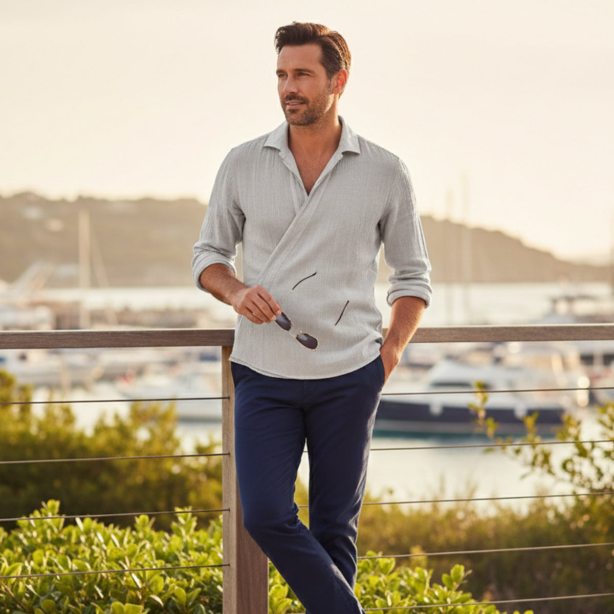 Eli | Men's Cream Ribbed Button Up Shirt Long Sleeve