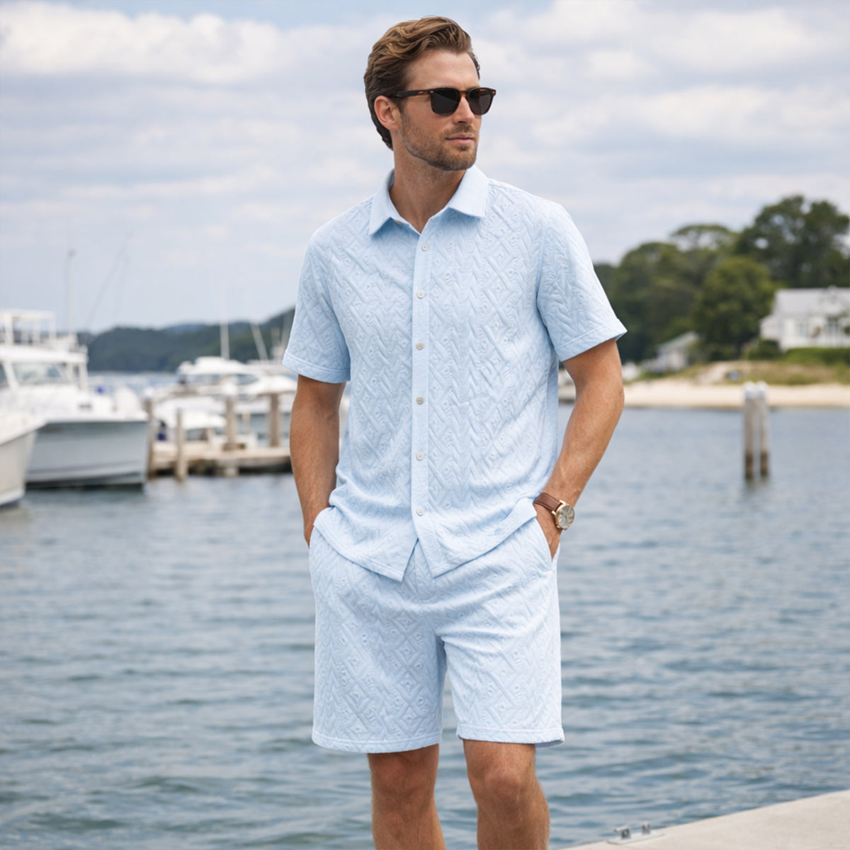 Beau | Men's Lounge Set Light Blue Textured Short Sleeve