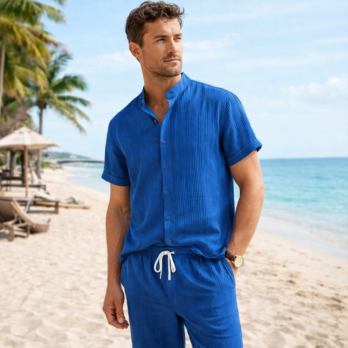 Beau | Men's Linen Pajama Set Blue Striped Short Sleeve