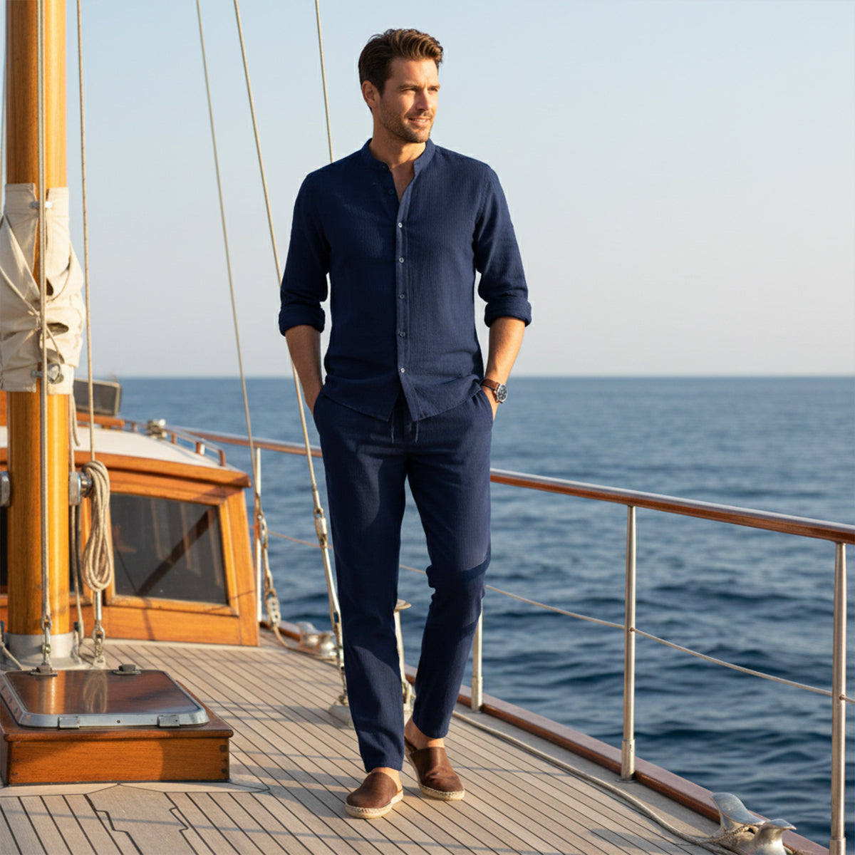 Jasper | Men's Linen Set Navy Long Sleeve Shirt Drawstring Pants