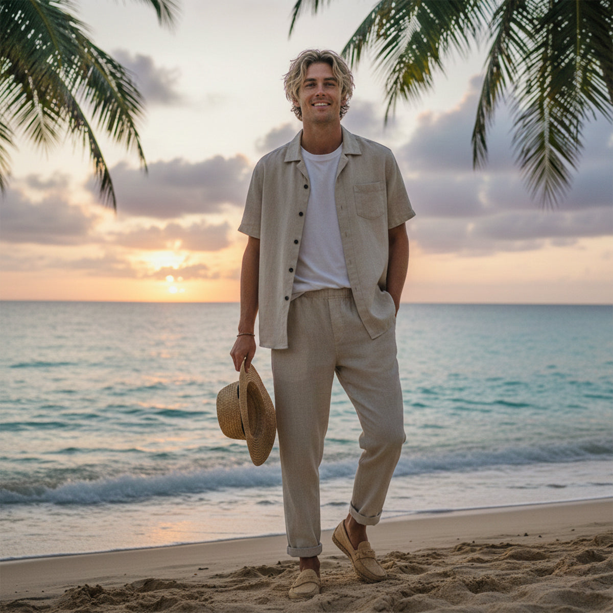 Axel | Men's Linen Set Cream Short Sleeve Shirt Pants