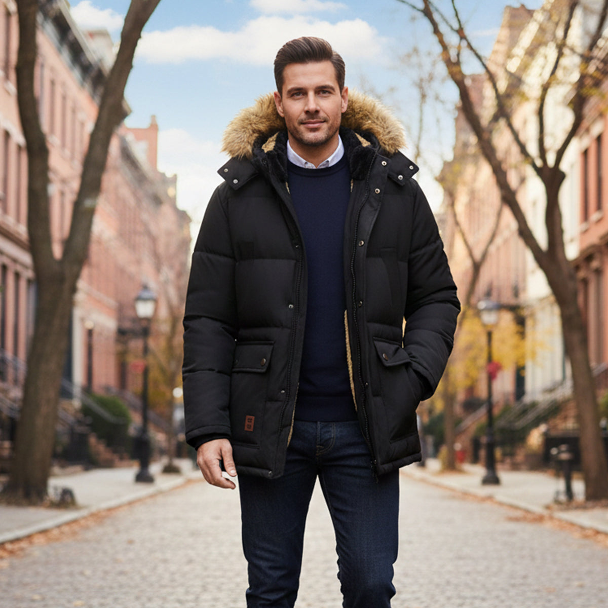 Rhys | Men's Puffer Jacket Navy Faux Fur Hooded Winter Coat