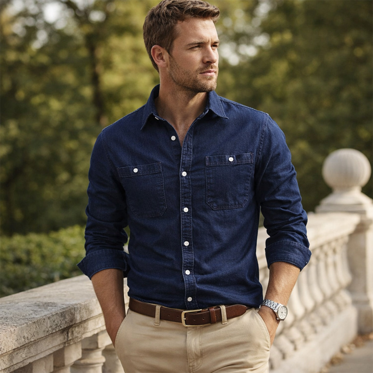 Axel | Men's Dark Wash Denim Shirt Double Pocket Long Sleeve