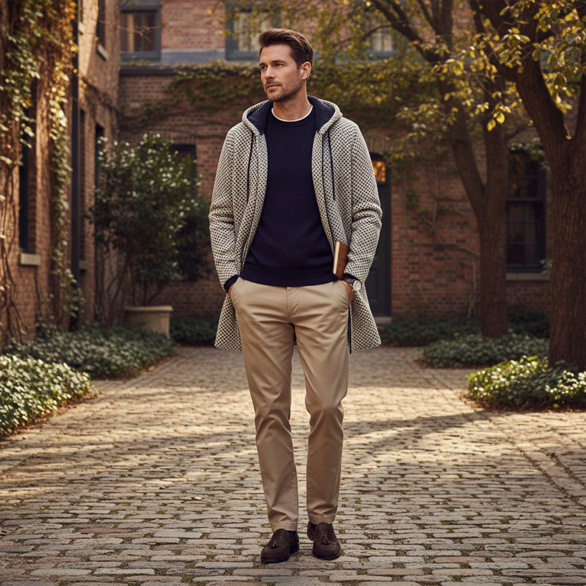 Ezra | Men's Houndstooth Zip Up Hooded Cardigan Cream Black