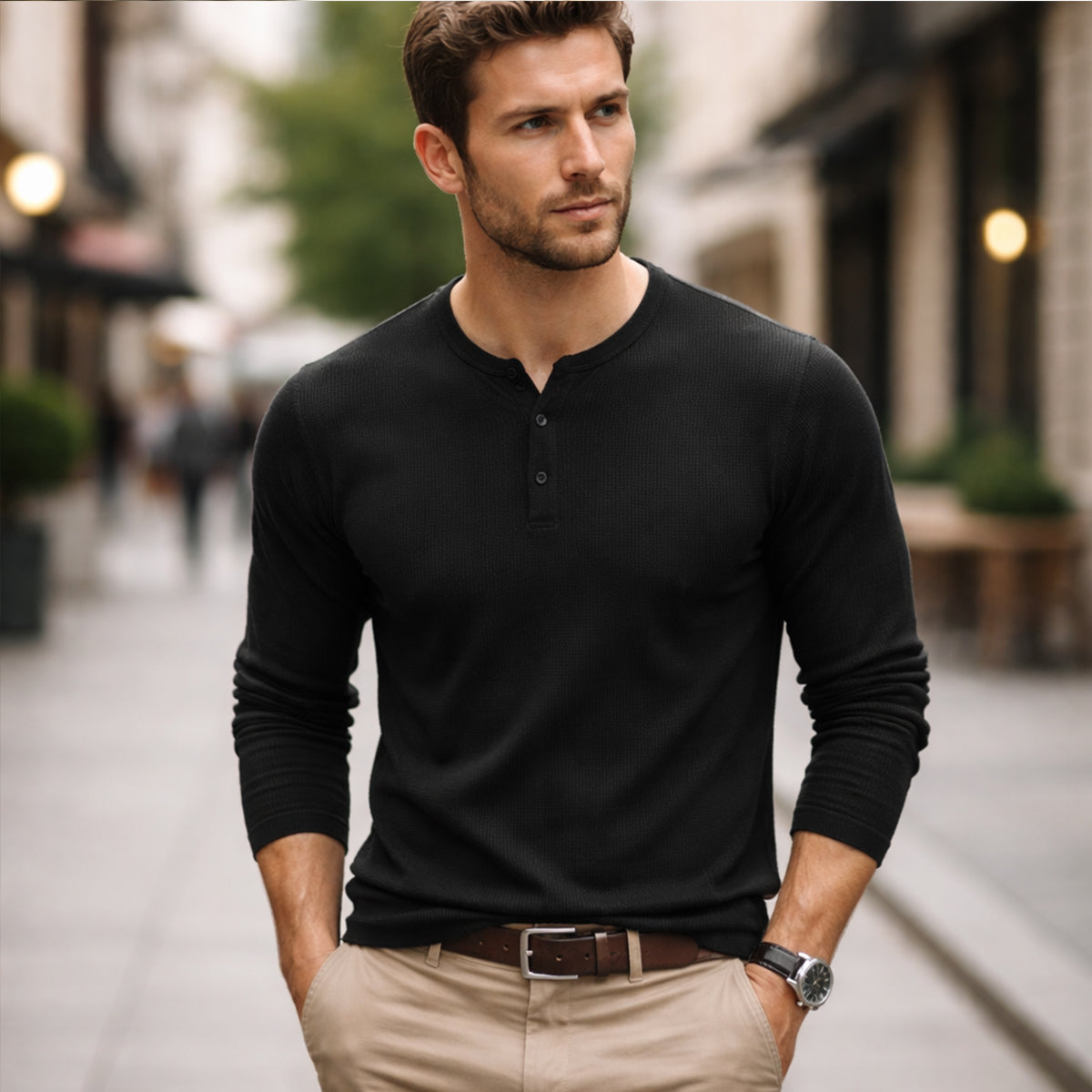 Beau | Men's Henley Shirt Black Long Sleeve