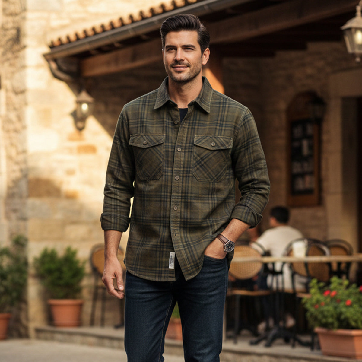 Beau | Men's Flannel Shirt Jacket Tan Plaid Long Sleeve