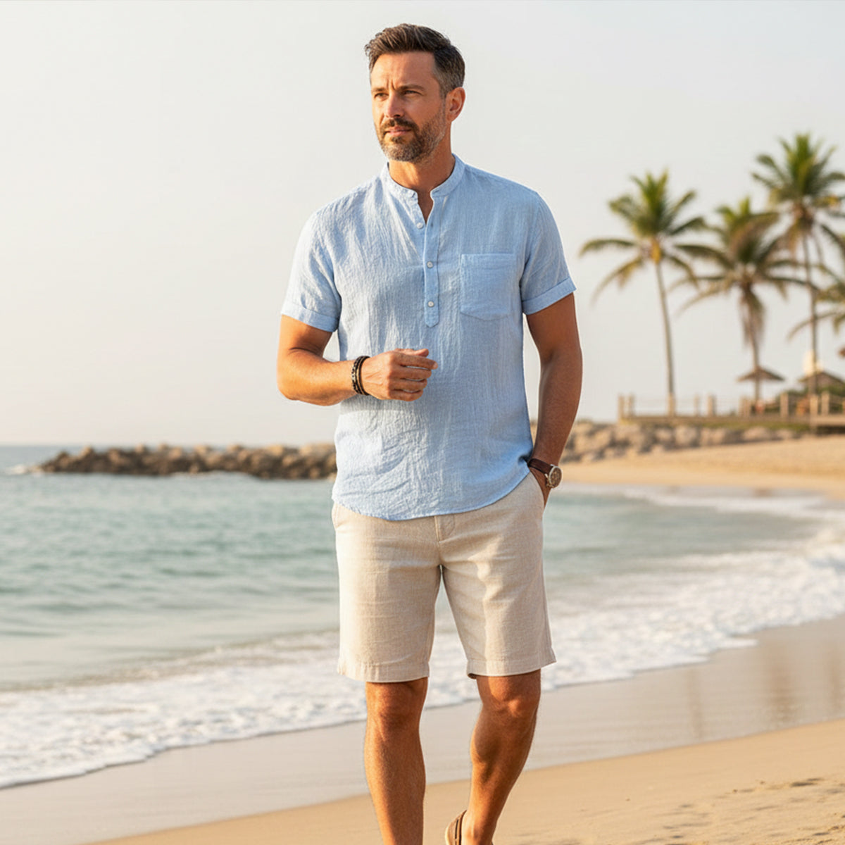 Beau | Men's Casual Henley Shirt Gray Short Sleeve