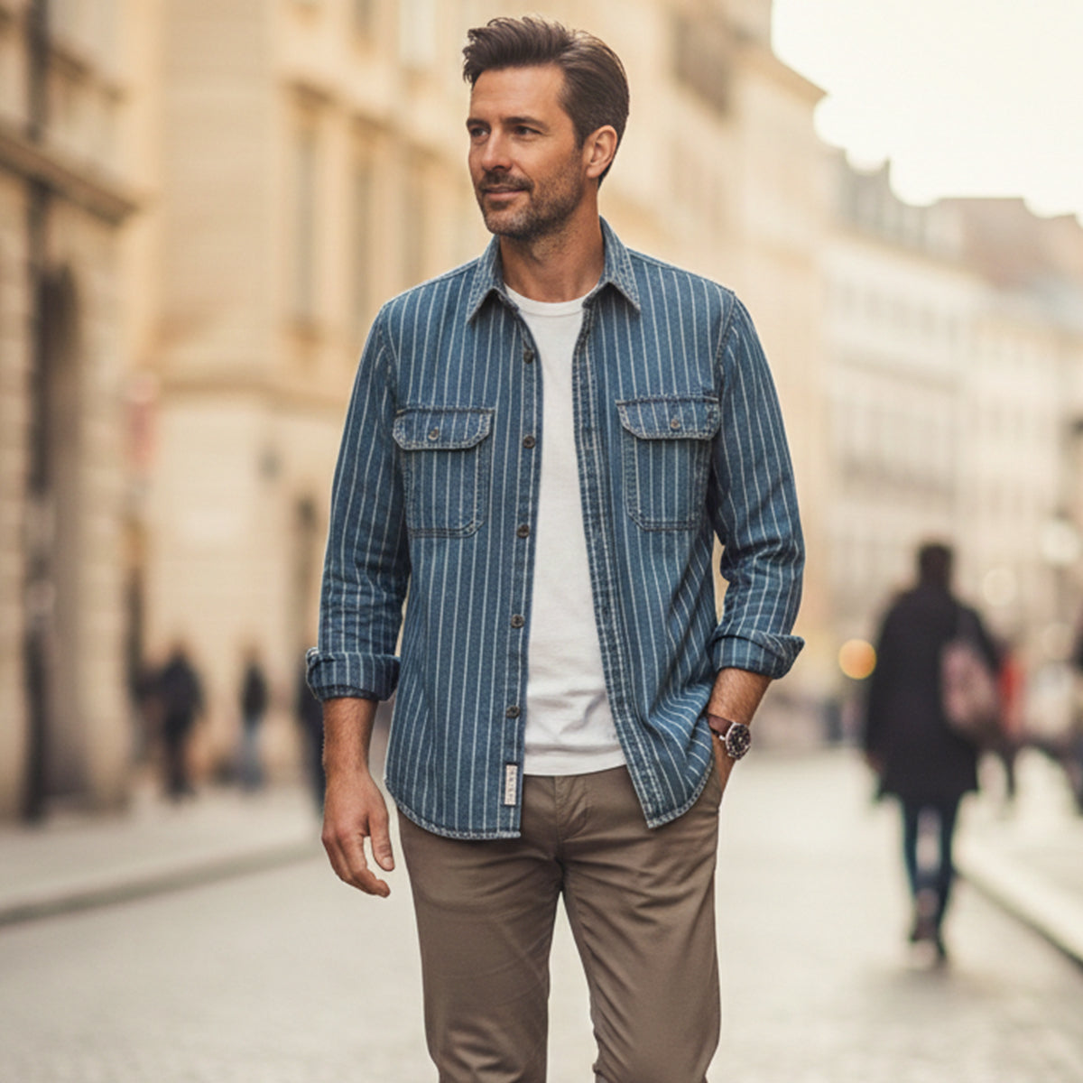 Axel | Men's Vintage Pinstripe Denim Shirt Blue Light Wash