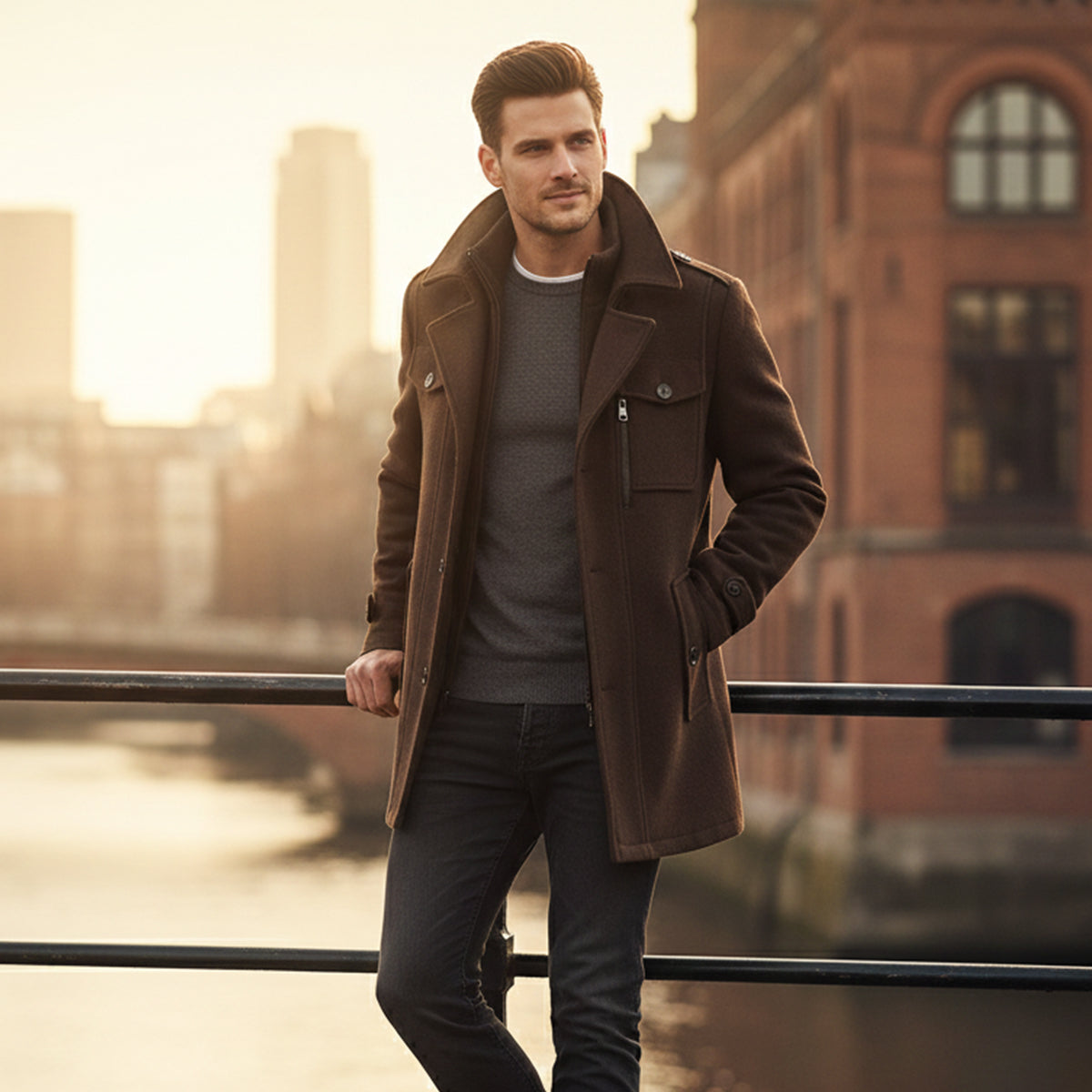 Voss | Men's Wool Blend Overcoat Black With Removable Collar