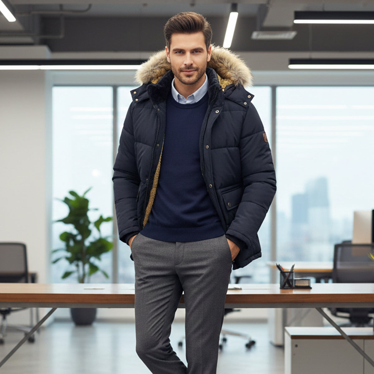 Rhys | Men's Puffer Jacket Navy Faux Fur Hooded Winter Coat