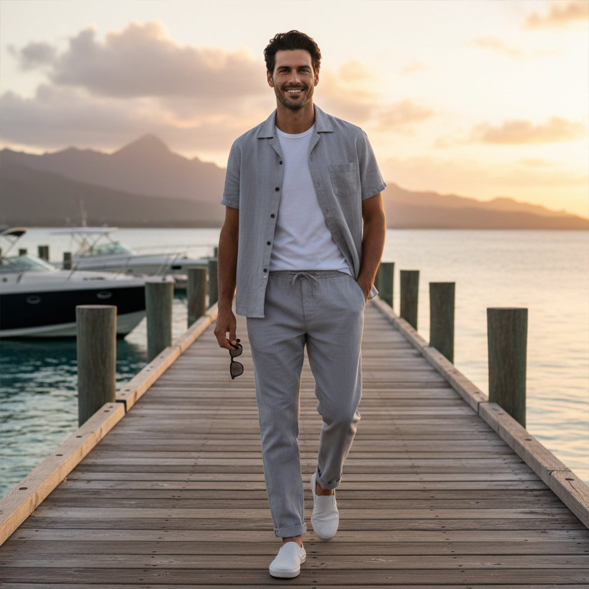 Axel | Men's Linen Set Cream Short Sleeve Shirt Pants
