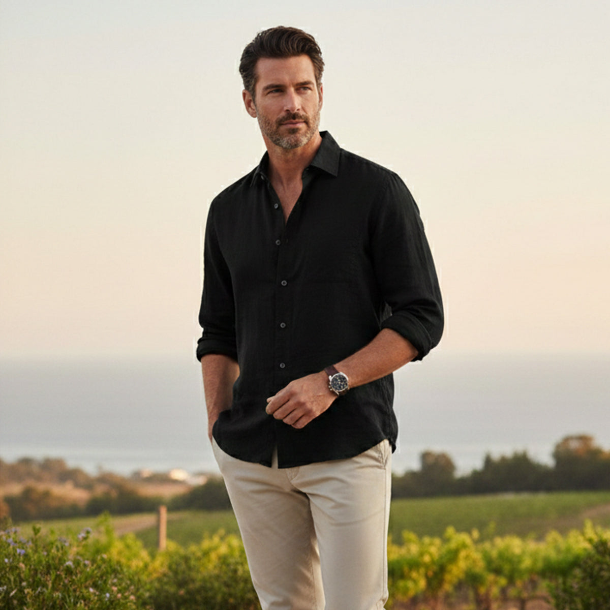 Beau | Men's Casual Button Up Shirt Black Cotton Linen