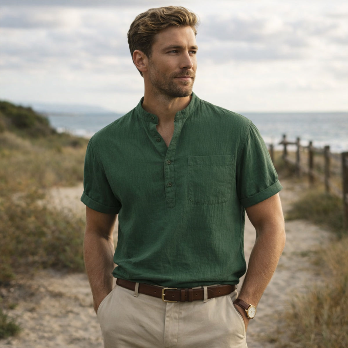 Luca | Men's Henley Shirt Navy Short Sleeve Casual Cotton Linen