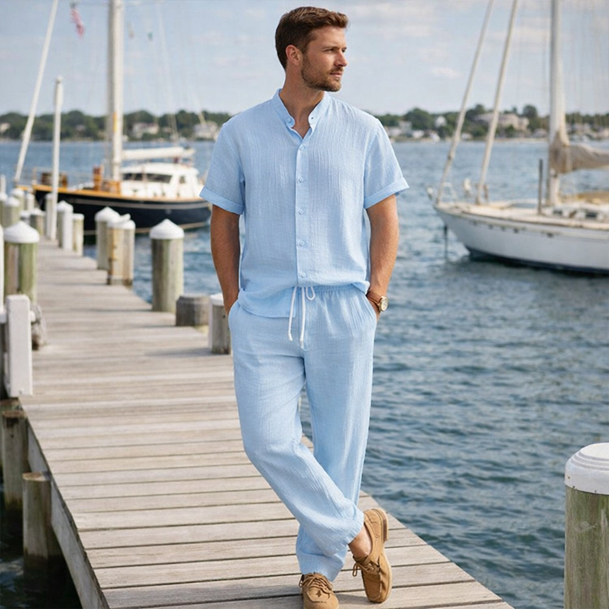Jasper | Men's Linen Set Light Blue Short Sleeve Shirt Pants