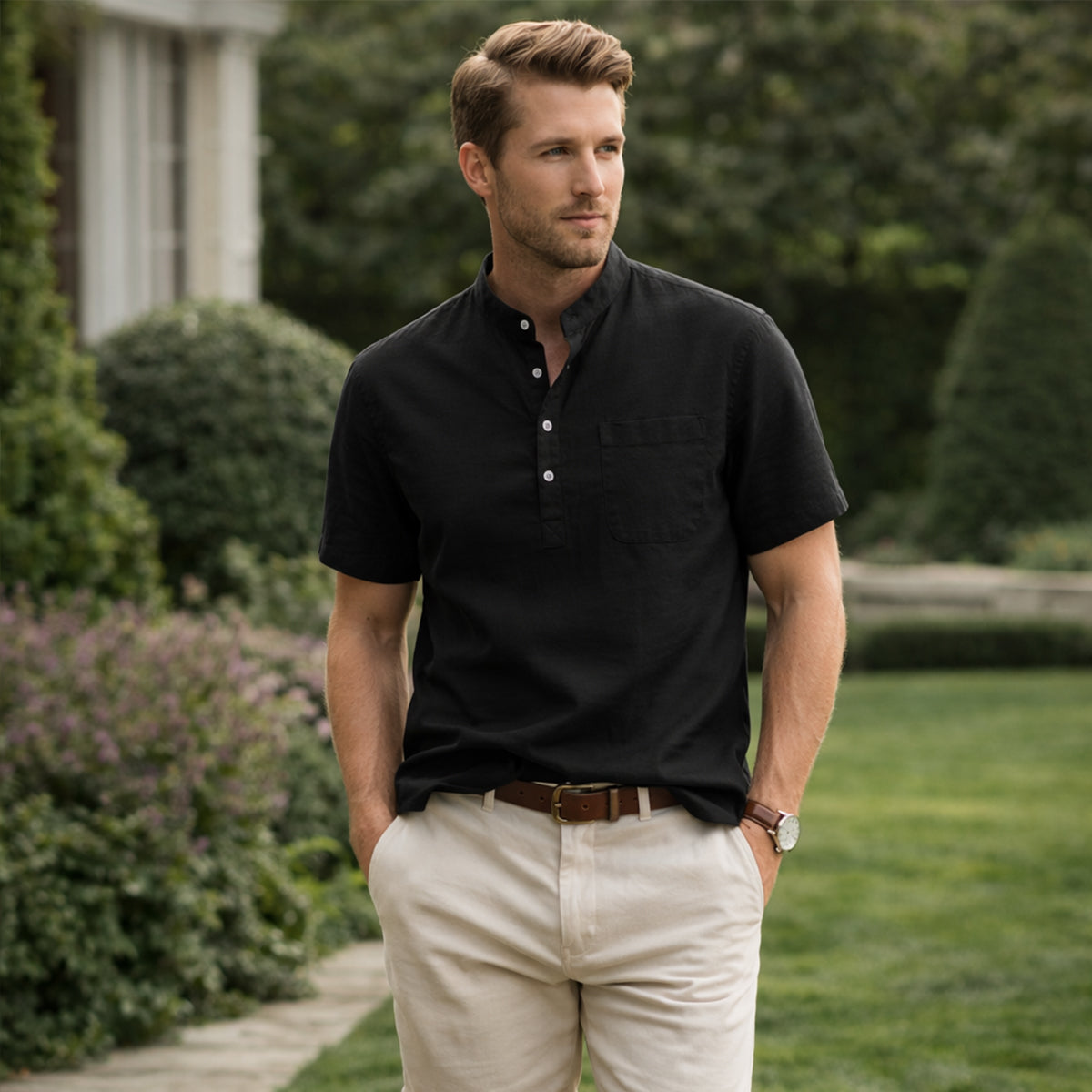 Rhys | Men's Casual Linen Henley Shirt Cream Short Sleeve