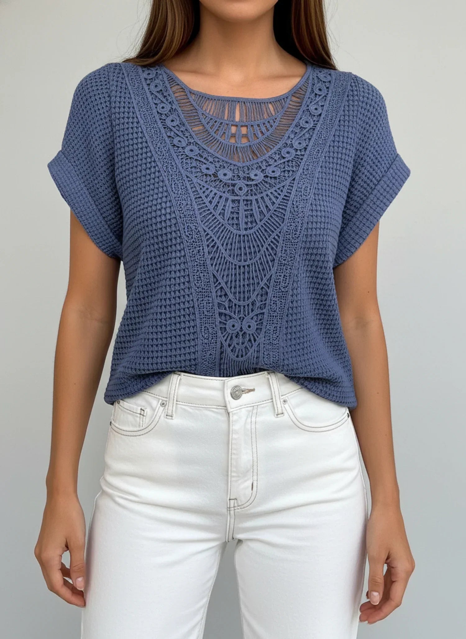 Aria | Women's Crochet Lace Knit Top Light Blue Short Sleeve