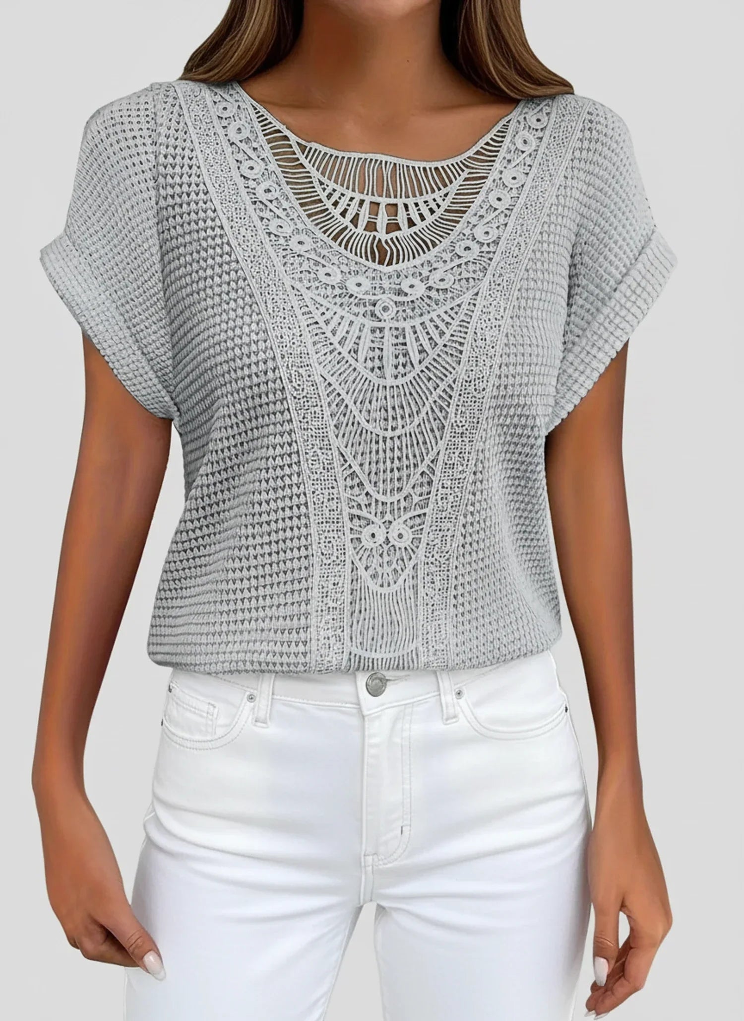 Aria | Women's Crochet Lace Knit Top Light Blue Short Sleeve