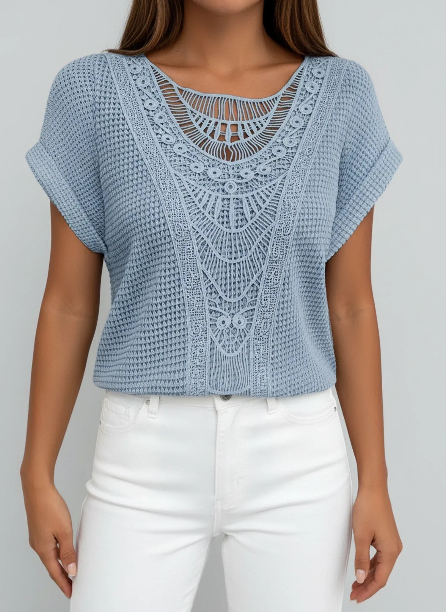 Aria | Women's Crochet Lace Knit Top Light Blue Short Sleeve