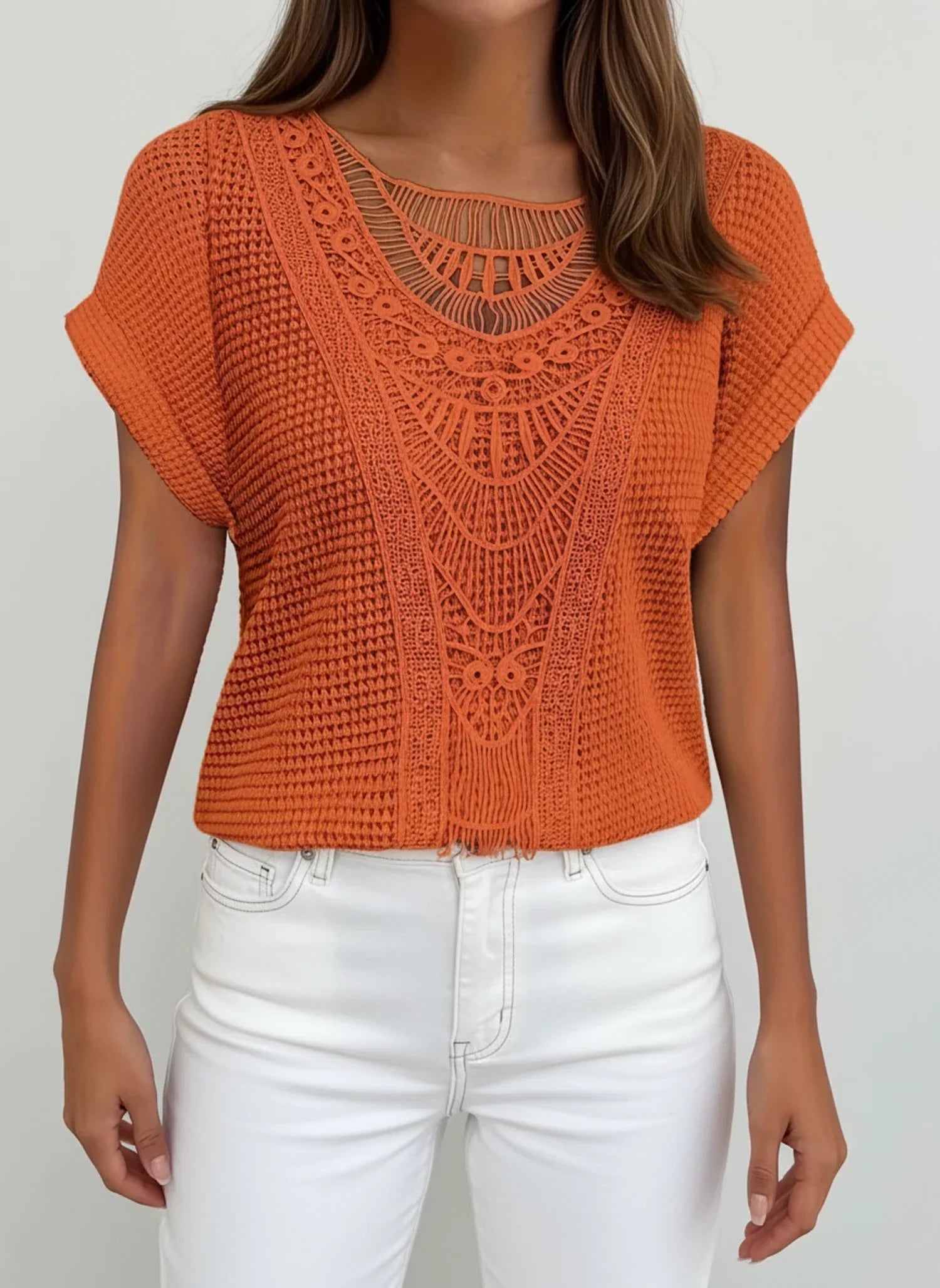 Aria | Women's Crochet Lace Knit Top Light Blue Short Sleeve