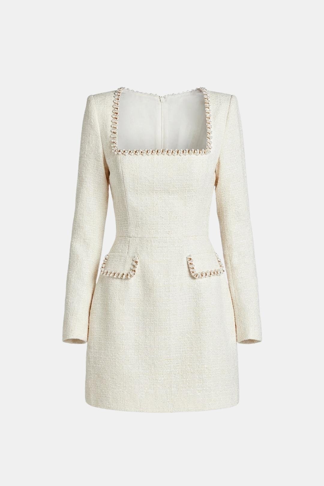 Elise | Women's Pearl Trim Tweed Mini Dress Cream Long Sleeve