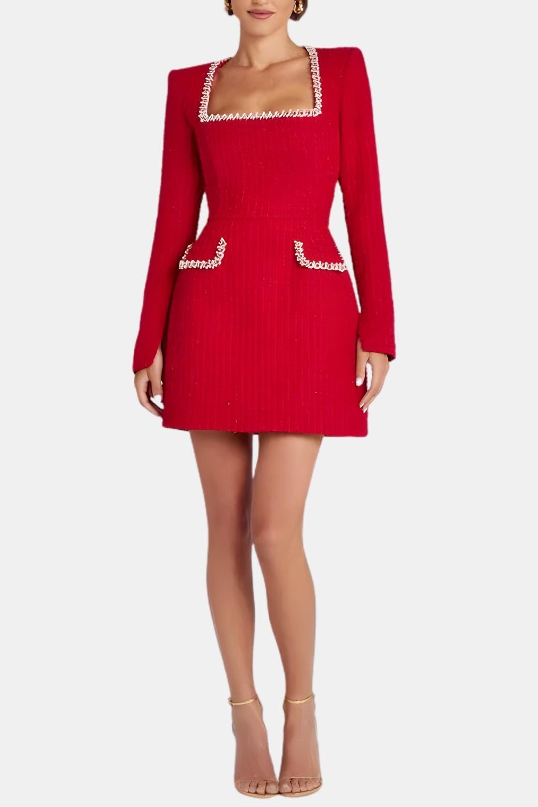 Elise | Women's Pearl Trim Tweed Mini Dress Cream Long Sleeve