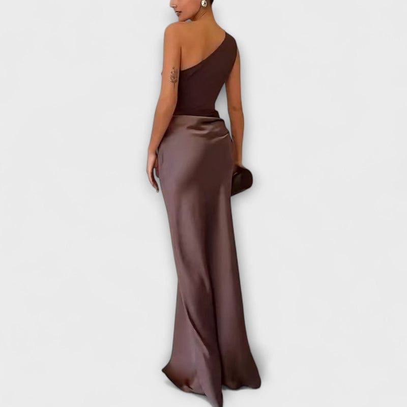 Faye | Women's One Shoulder Maxi Dress Brown Satin