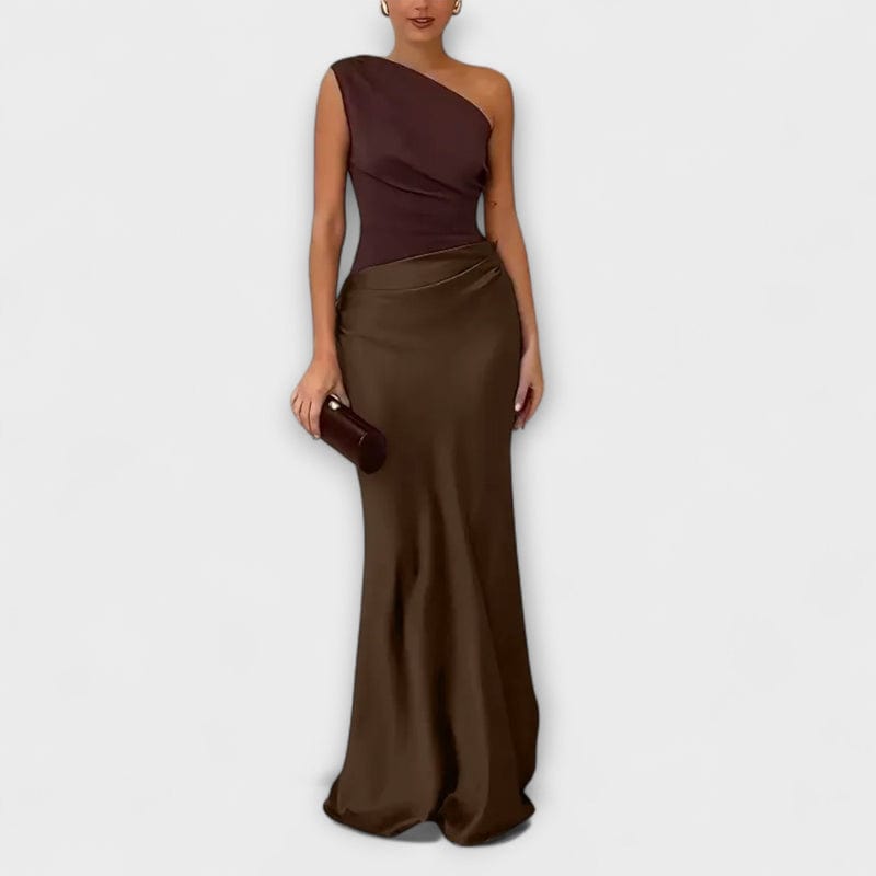 Faye | Women's One Shoulder Maxi Dress Brown Satin