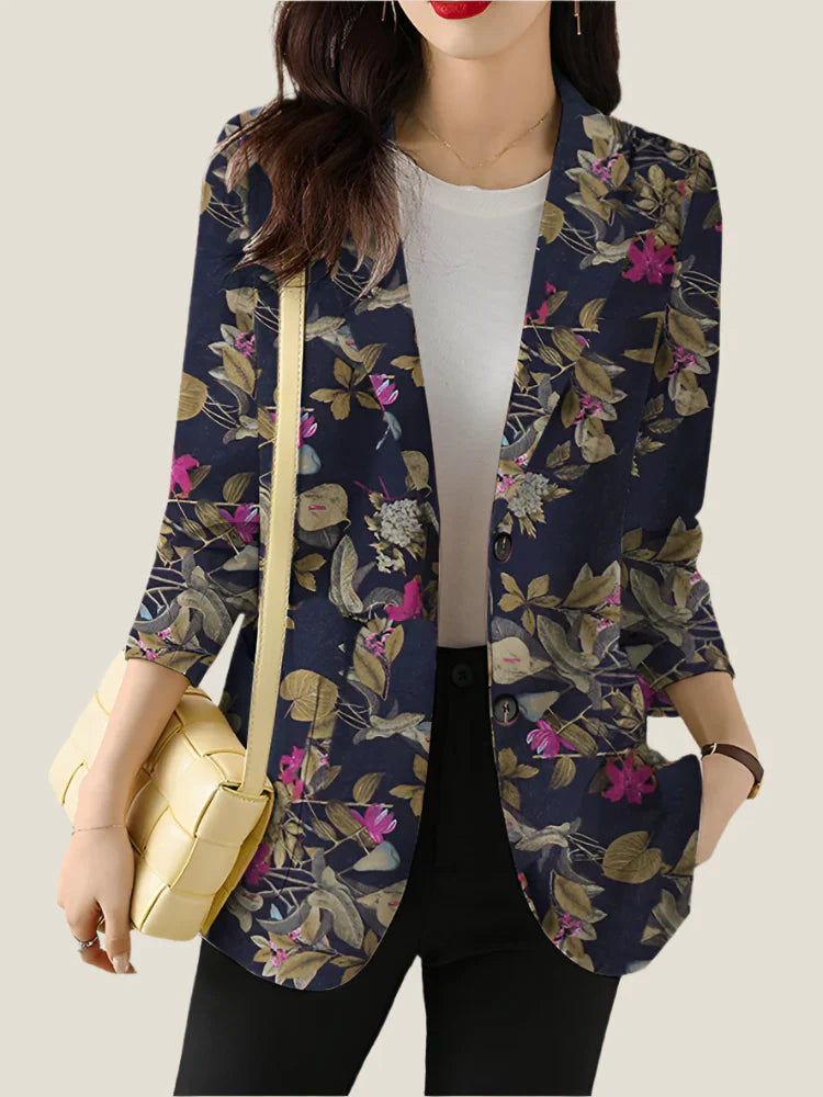Greta | Women's Floral Print Blazer Navy White Long Sleeve