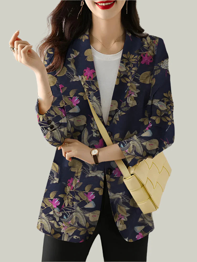 Greta | Women's Floral Print Blazer Navy White Long Sleeve