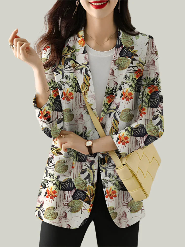 Greta | Women's Floral Print Blazer Navy White Long Sleeve