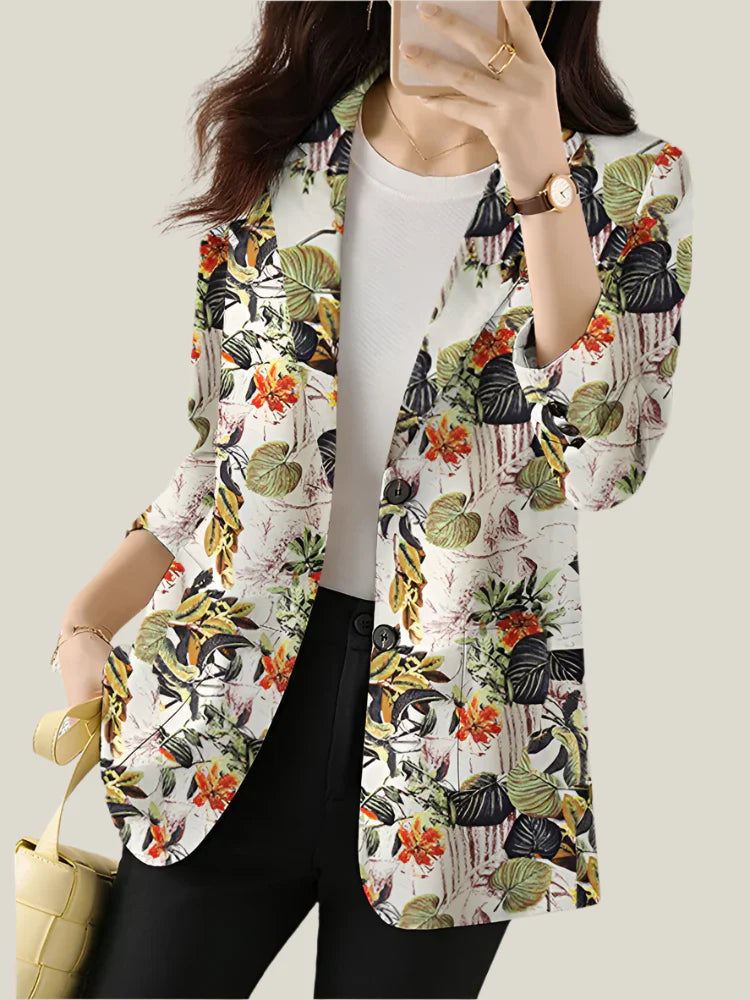 Greta | Women's Floral Print Blazer Navy White Long Sleeve