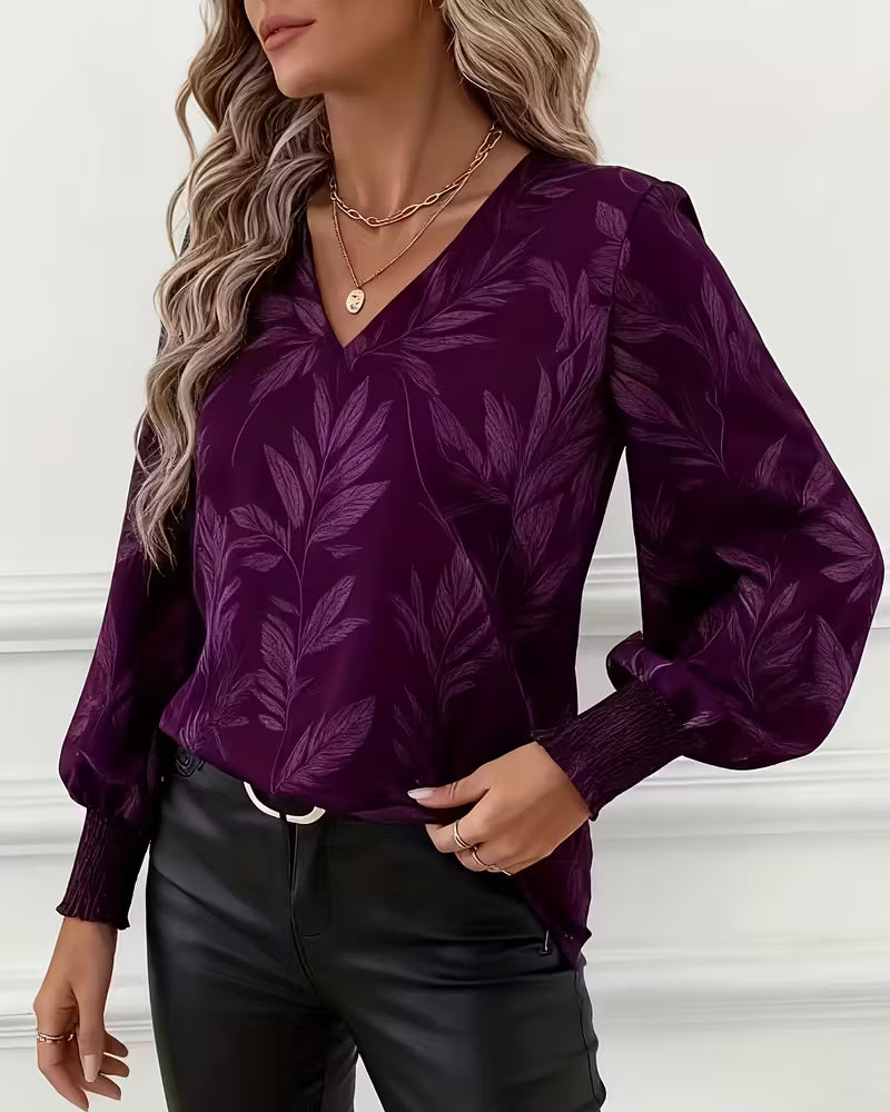 Ayla | Women's Floral V Neck Blouse Long Sleeve Purple