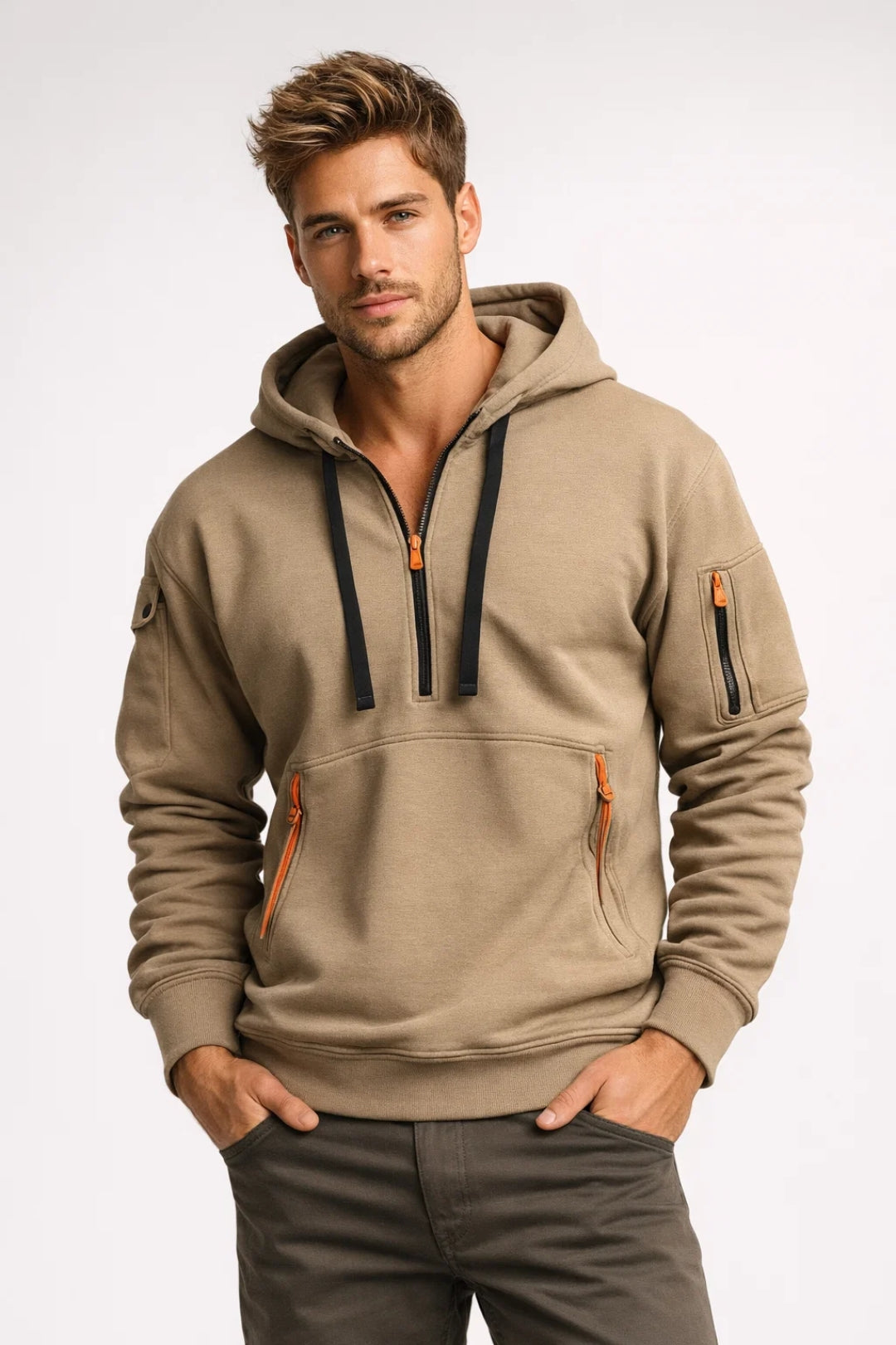 Axel | Men's Hoodie Gray Cargo Pocket Orange Accents