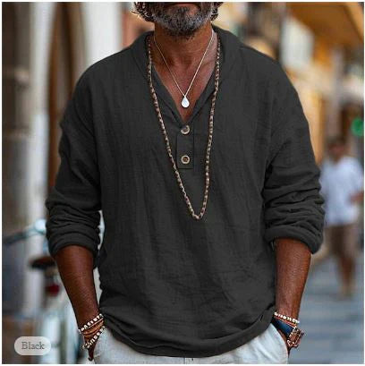 Ash | Men's Linen Shirt Light Blue V Neck Long Sleeve