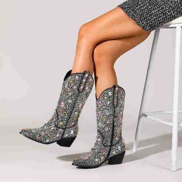 Dama Washington Simonetta rhinestone mid calf cowboy boots - front view