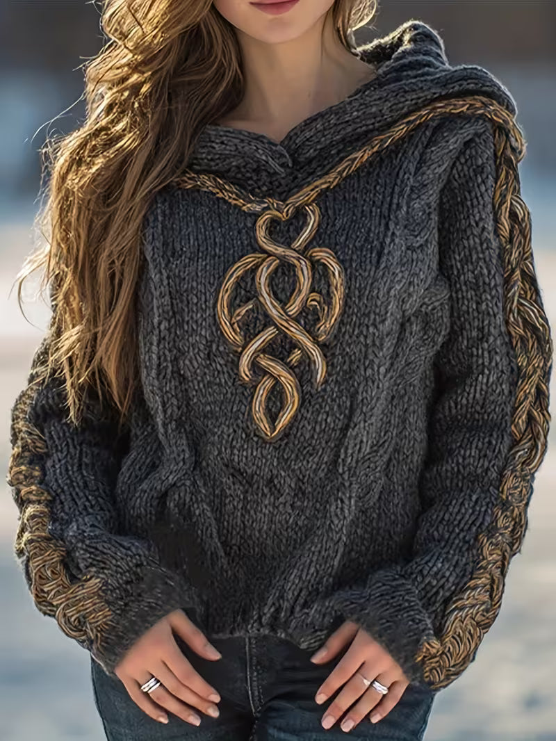 Elodie | Women's Cable Knit Hoodie Black Gold Detail