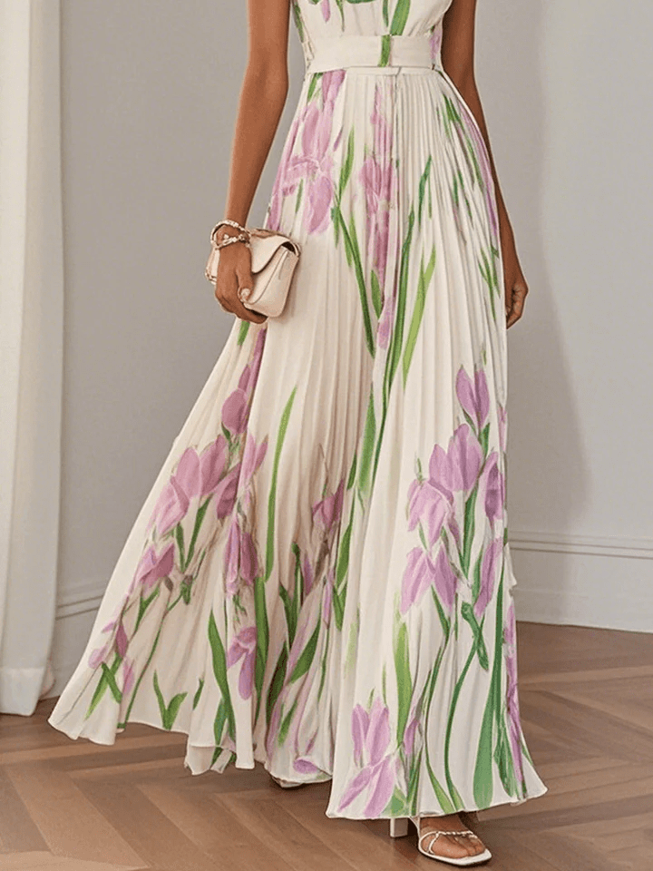 Nola | Women's Floral Maxi Dress Cream Pleated Sleeveless