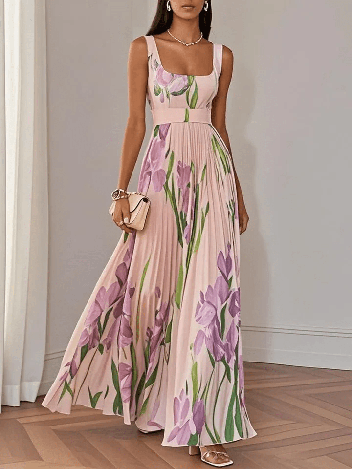 Nola | Women's Floral Maxi Dress Cream Pleated Sleeveless