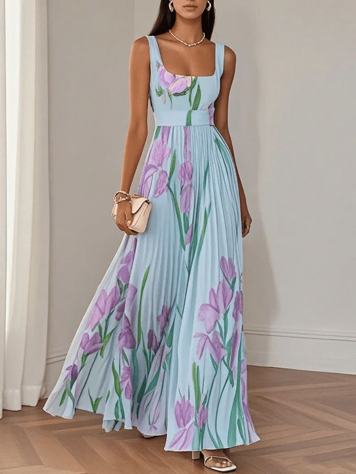 Nola | Women's Floral Maxi Dress Cream Pleated Sleeveless