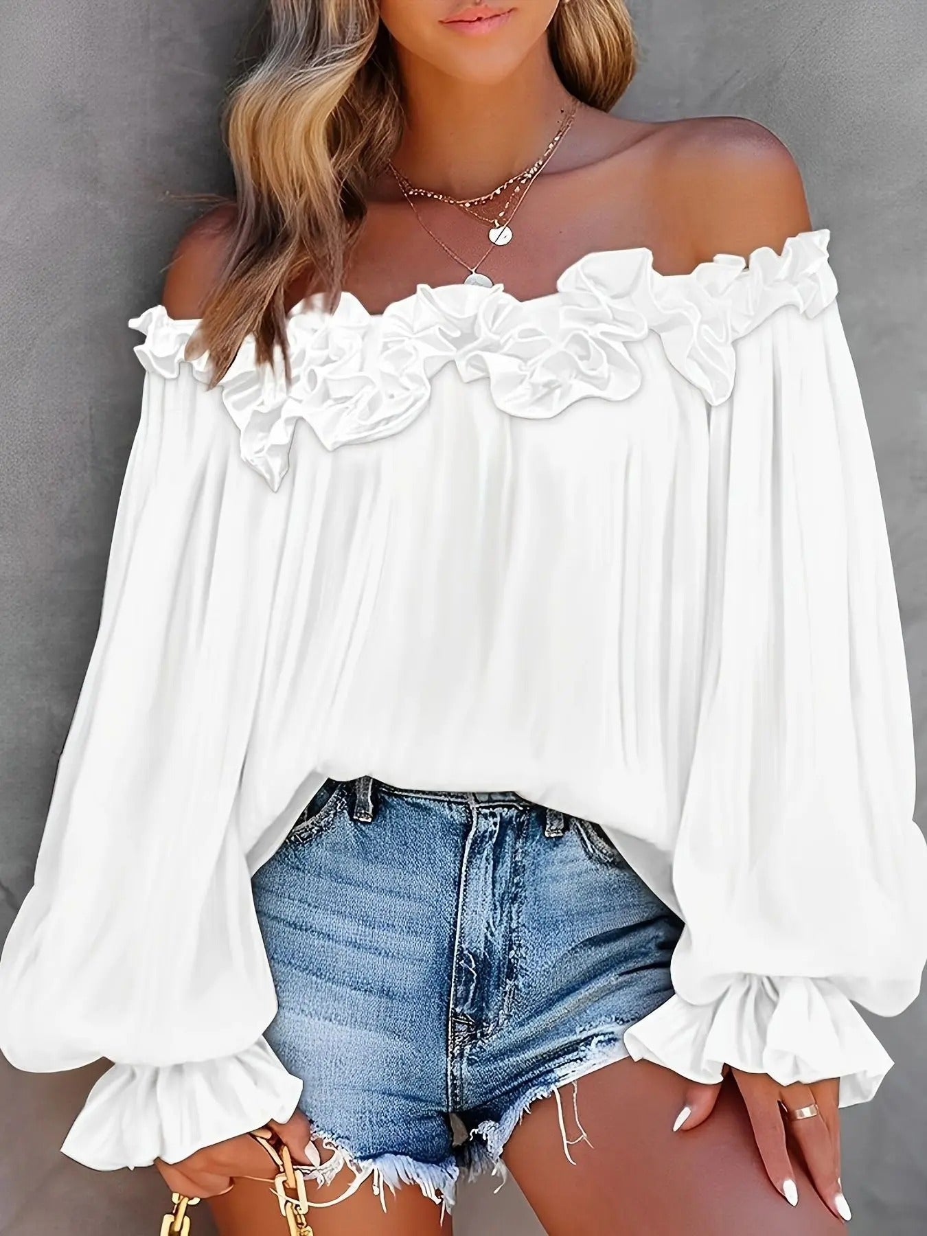 Lola | Women's Off Shoulder Ruffle Blouse White Long Sleeve