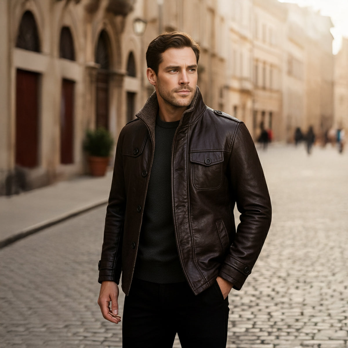 Axel | Men's Brown Leather Jacket Fleece Lined Stand Collar