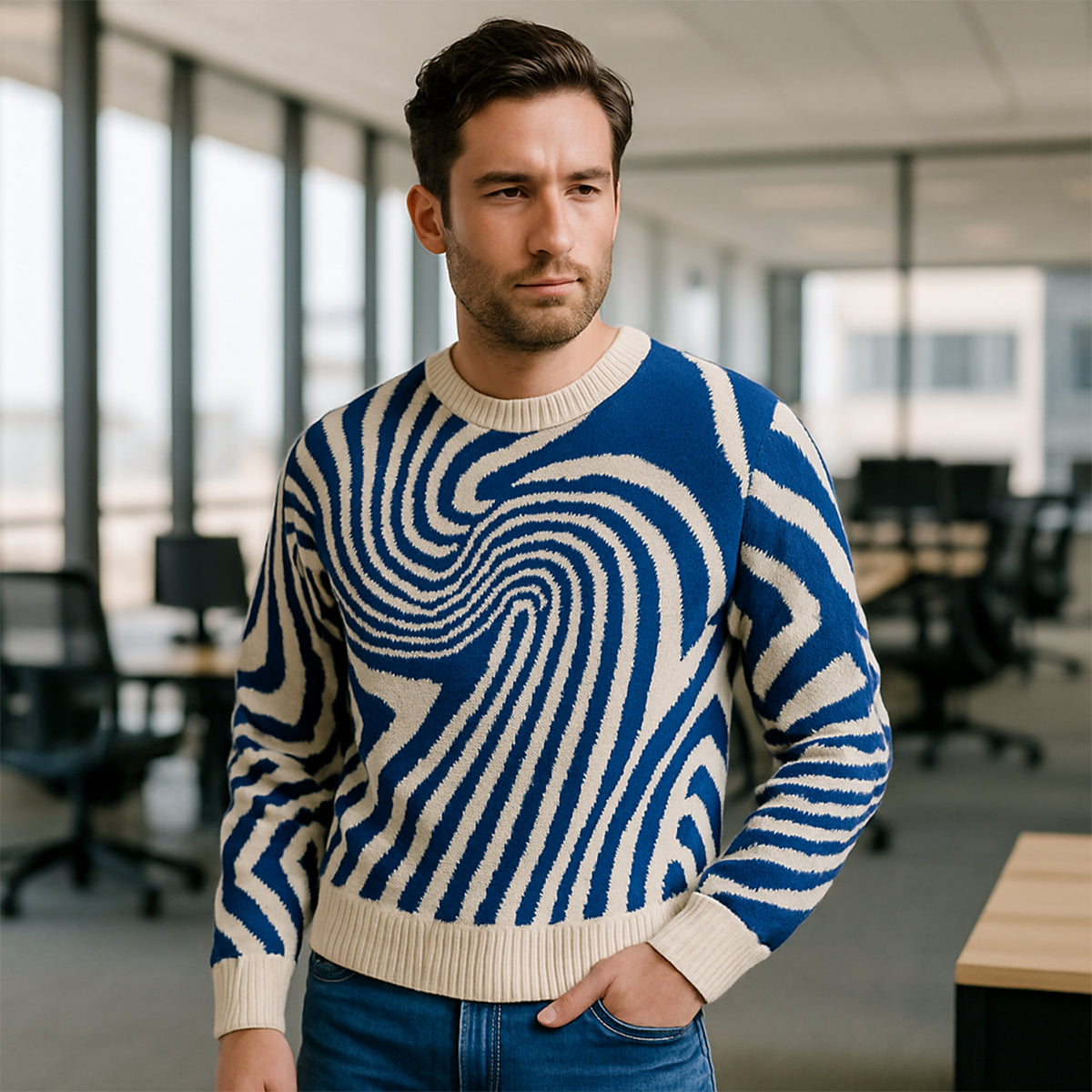 Axel | Men's Crew Neck Sweater Navy White Swirl Knit