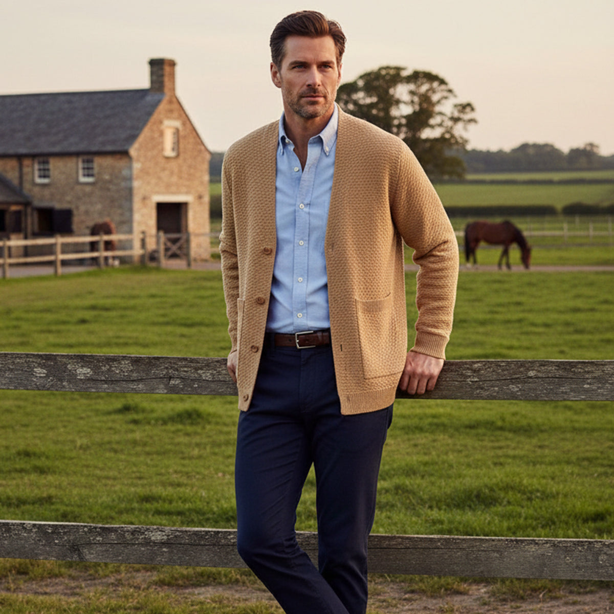 Callum | Men's Cable Knit Cardigan Cream Open Front Pockets