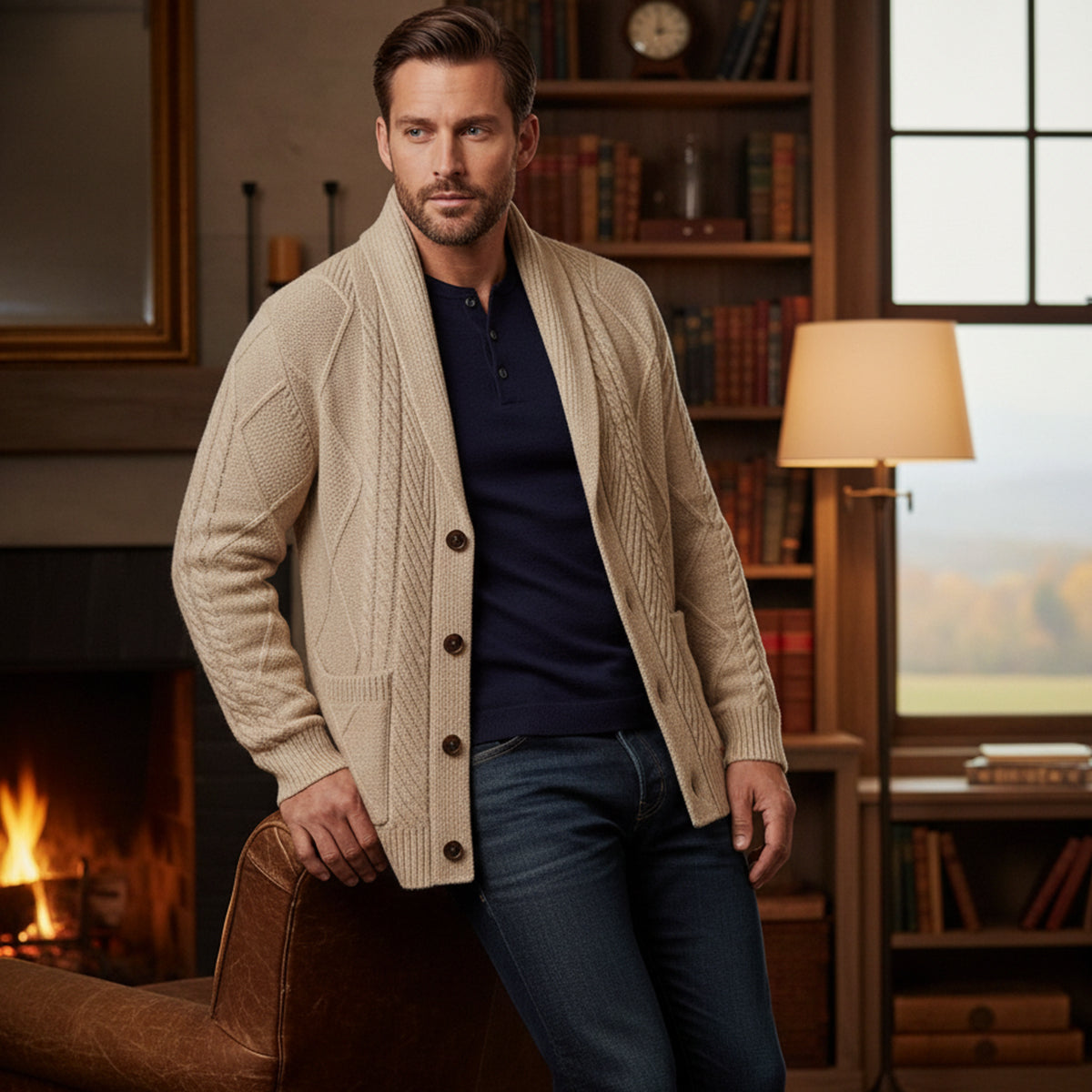 Bram | Men's Cable Knit Cardigan Navy Blue Shawl Collar